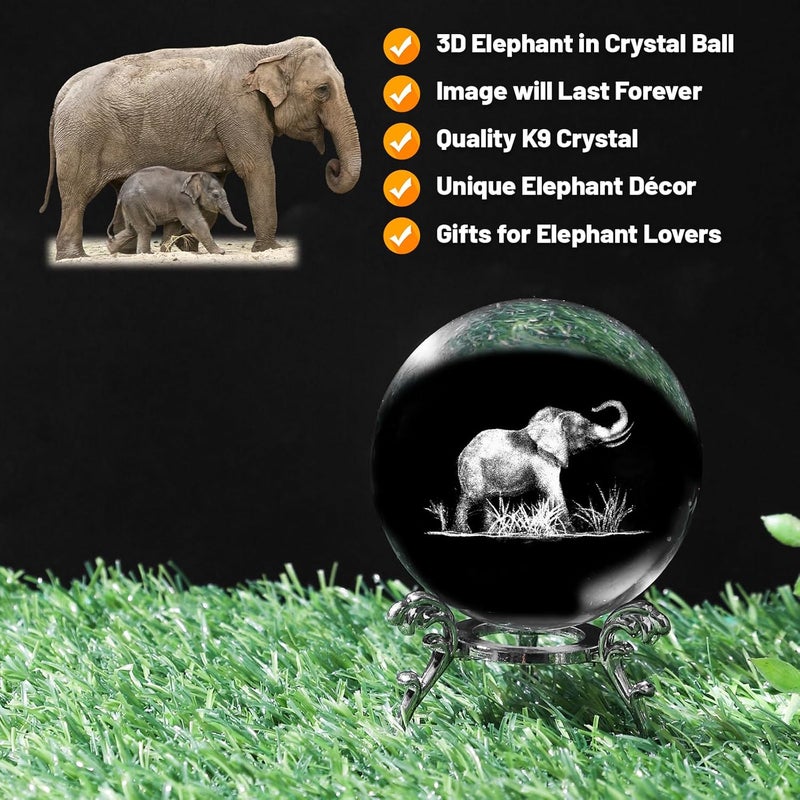 PYJ3DLAMP 3D Elephant Crystal Ball with Stand Lase Engraved Glass Sphere Paperweight Decor Elephant Gift for Women Friends Christmas Birthday - Image 4